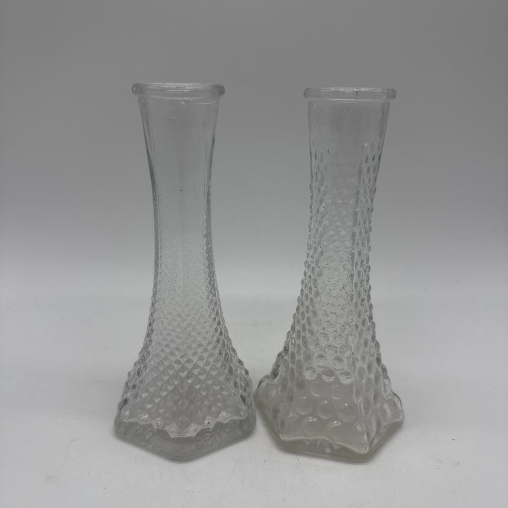 Lot of 2 Vintage EO Brody Clear Glass Hobnail & Diamond Bud Vases 6" Grannycore